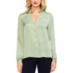 Vince Camuto Woven Ruffle-Neck Blouse Green Tea L